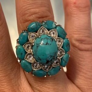 Turquoise and white topaz sterling silver ring